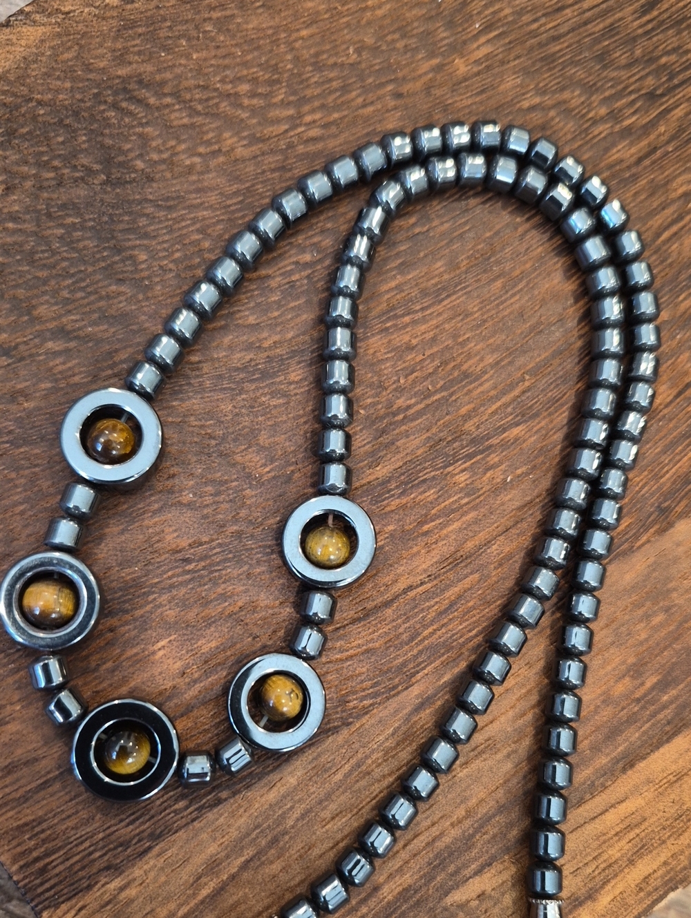 Hematite & Tiger's Eye Beaded Necklace, Barrel Closure
